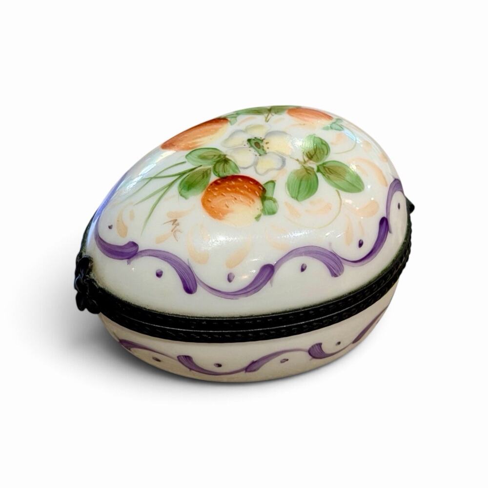 Vintage Rochard Limoges France Egg Trinket Box Hand Painted Strawberries Signed